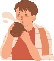 joven hombre Bebiendo café, masculino personaje teniendo caliente bebida dibujos animados estilo vector ilustración