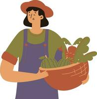 granjero mujer con un cesta de vegetales. vector ilustración en plano estilo