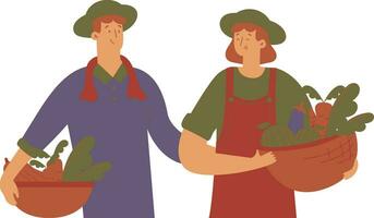 Farmer woman and man with basket of vegetables vector illustration graphic design