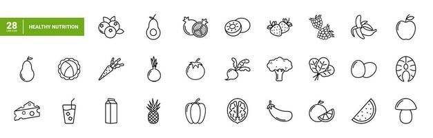 Set of simple linear black icons healthy food and proper nutrition. Collection of icons with vegetables, fruits, and proper food for web, app, and print. vector