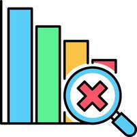 descending bar graph chart with magnifying glass and error symbol icon. vector