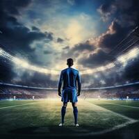 Soccer player on the field of stadium at night. photo