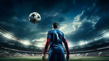 Soccer player on the field of stadium at night. photo