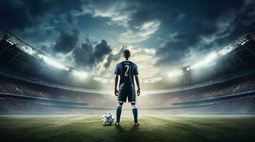 Soccer player on the field of stadium at night. photo