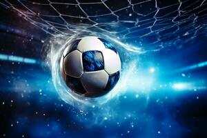 Soccer ball in net against football stadium under spotlights photo