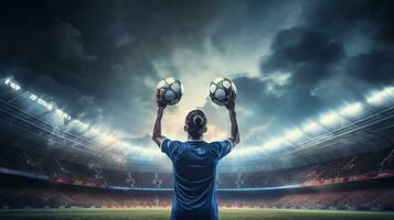 Soccer player on the field of stadium at night. photo