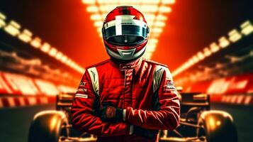 Close up of racing driver against race track with red lights photo