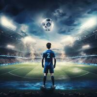 Soccer player on the field of stadium at night. photo