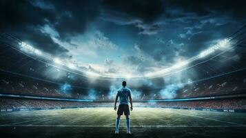 Soccer player on the field of stadium at night. photo