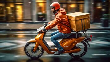 Delivery man on scooter with boxes in the city. Delivery service concept. photo