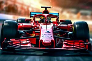 Closeup of a young male car racer in a red helmet driving a race car. photo