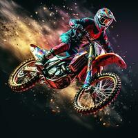 Motocross rider in action on fire background photo