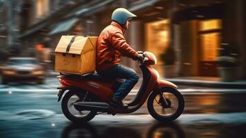 Delivery man on scooter with boxes in the city. Delivery service concept. photo