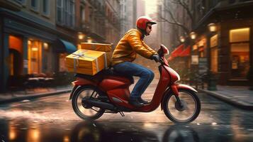 entrega hombre en scooter con cajas en el ciudad. entrega Servicio concepto. foto