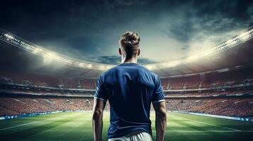 Rear view of football player in blue tshirt at stadium photo