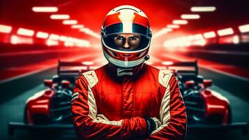 Close up of racing driver against race track with red lights photo