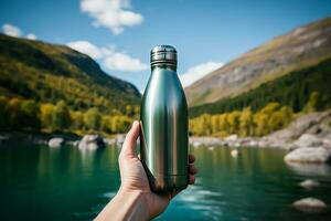 Female hand holding a bottle of water on the background of mountains and lake photo