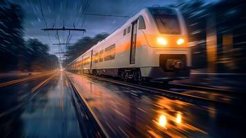 alto velocidad tren en movimiento difuminar. tren en el ferrocarril foto