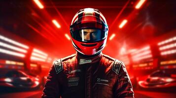 Close up of racing driver against race track with red lights photo