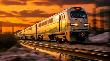 alto velocidad tren en movimiento difuminar. tren en el ferrocarril foto