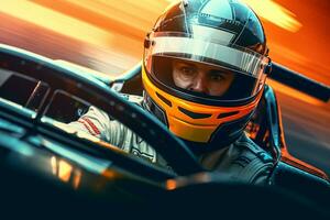 Close-up portrait of a young man driving a fast car on the race track. photo