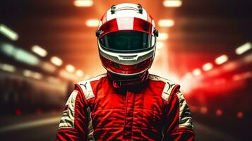 Young man in red racing suit and helmet on the race track. photo