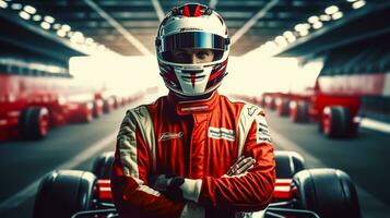 Young man in red racing suit and helmet on the race track. photo