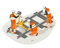 railway engineer and subway orange uniform worker maintenance service working to inspecting with tools isometric isolated cartoon vector