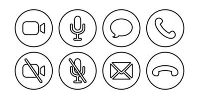 Virtual hangouts icons for conference call. On and off video, sound, message, mail and call icons isolated on white background. Vector illustration