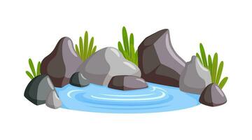 Water paddle surrounded with stones and grass. Natural scene with freshwater paddle. Vector illustration