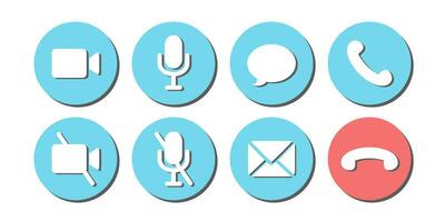 Virtual hangouts icons for conference call. On and off video, sound, message, mail and call icons isolated on white background. Vector illustration