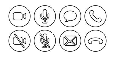 Virtual hangouts icons for conference call. On and off video, sound, message, mail and call icons isolated on white background. Vector illustration