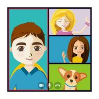 Virtual hangout with people and puppy. Online quarantine meet of friends or colleagues. Vector illustration