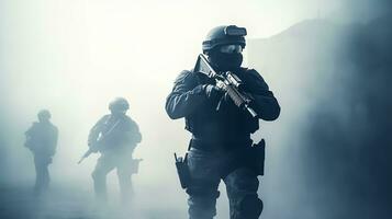 Special forces soldier in action with assault rifle on foggy background. photo