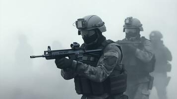 Special forces soldier in action with assault rifle on foggy background. photo