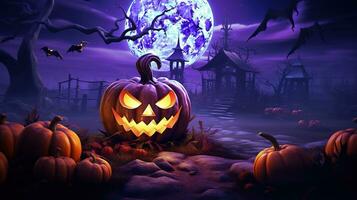 Halloween, pumpkin, big moon. Generative AI photo