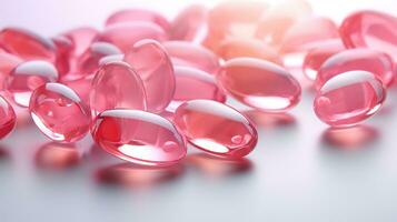 Pink vitamins capsules on a white background. Generative AI photo
