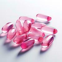 rosado vitaminas cápsulas en un blanco antecedentes. generativo ai foto