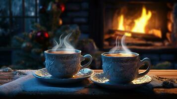 Christmas, two cups of tea on the table, the fireplace is lit. Generative AI photo