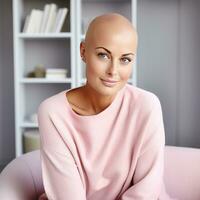 sonriente mujer en rosado suéter luchando pecho cáncer. generativo ai foto