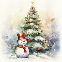 Snowman next to the Christmas tree, watercolor style. Generative AI photo