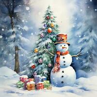 Snowman next to the Christmas tree, watercolor style. Generative AI photo