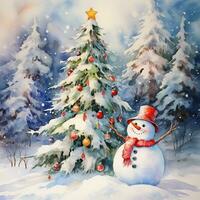 Snowman next to the Christmas tree, watercolor style. Generative AI photo