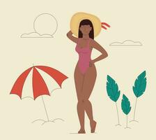 Young woman standing on beach and enjoying summer vector illustration.