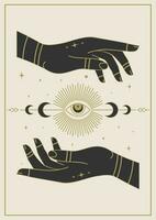 Witchcraft hands holding eye tarot postcard illustration vector