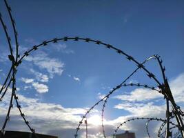 Barbed twisted wire metal fence close view photo