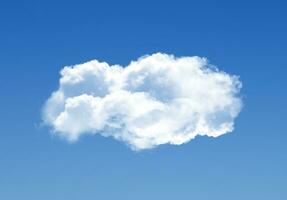 Single cloud isolated over blue sky background. White fluffy cloud photo, beautiful cloud shape. Climate concept photo