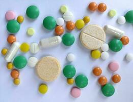 Stack of colourful pills, medicine background photo