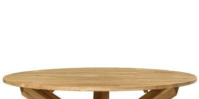 Wooden dinner table surface. Natural wood furniture close view. Tabletop isolated over white background photo