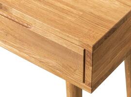 Wooden drawer close view photo, wooden eco furniture elements background. Solid wood table details photo